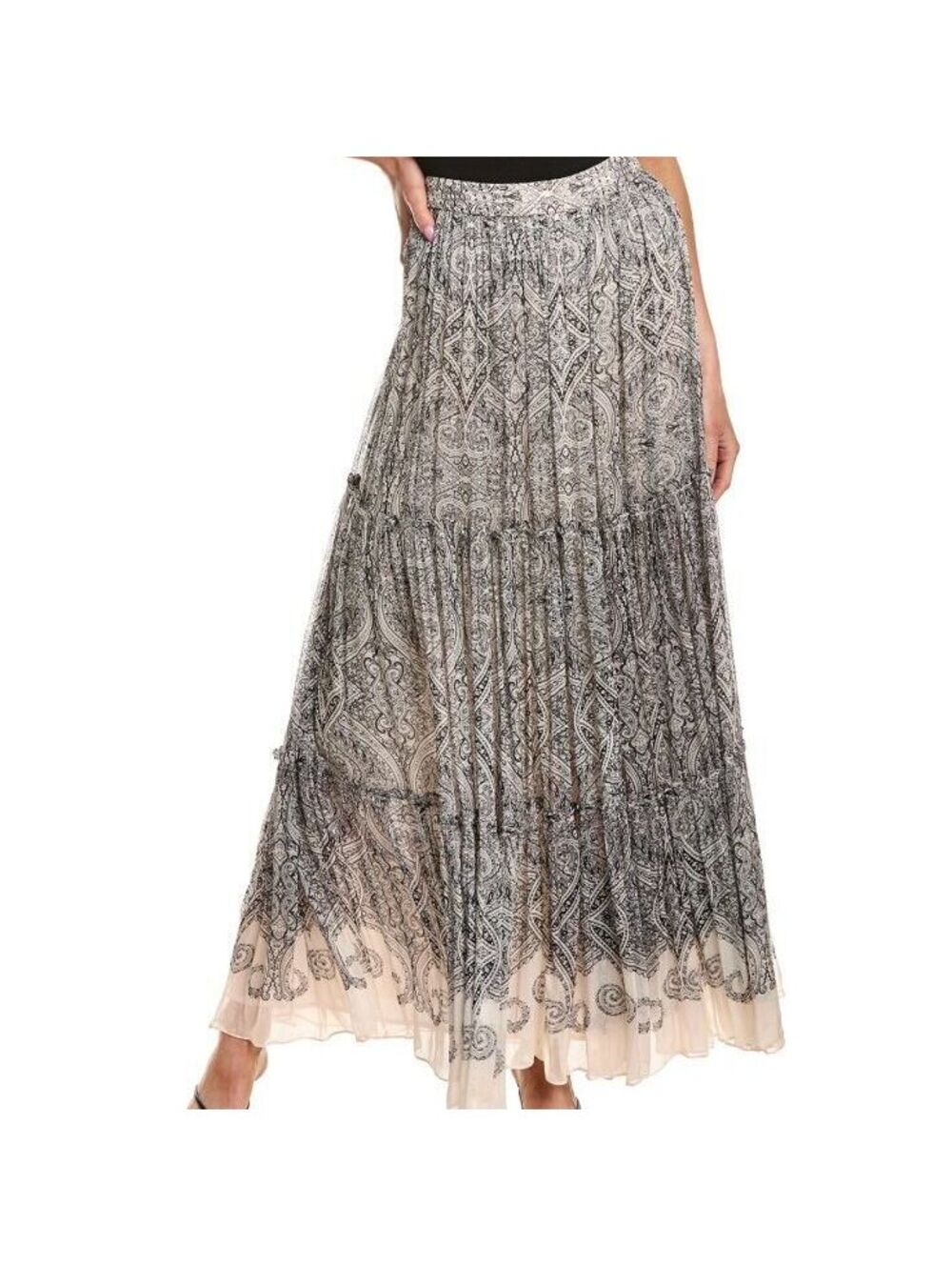 NWT Hemant & Nandita XS Black White Cream Patterned Maxi Skirt Boho Vacation